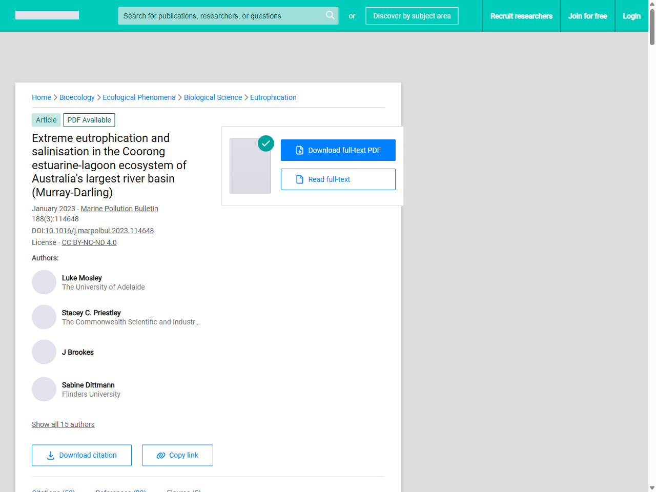 Preview of Extreme eutrophication and salinisation in the Coorong estuarine-lagoon ecosystem of Australia's largest river basin (Murray-Darling) - ResearchGate, accessed July 25, 2025