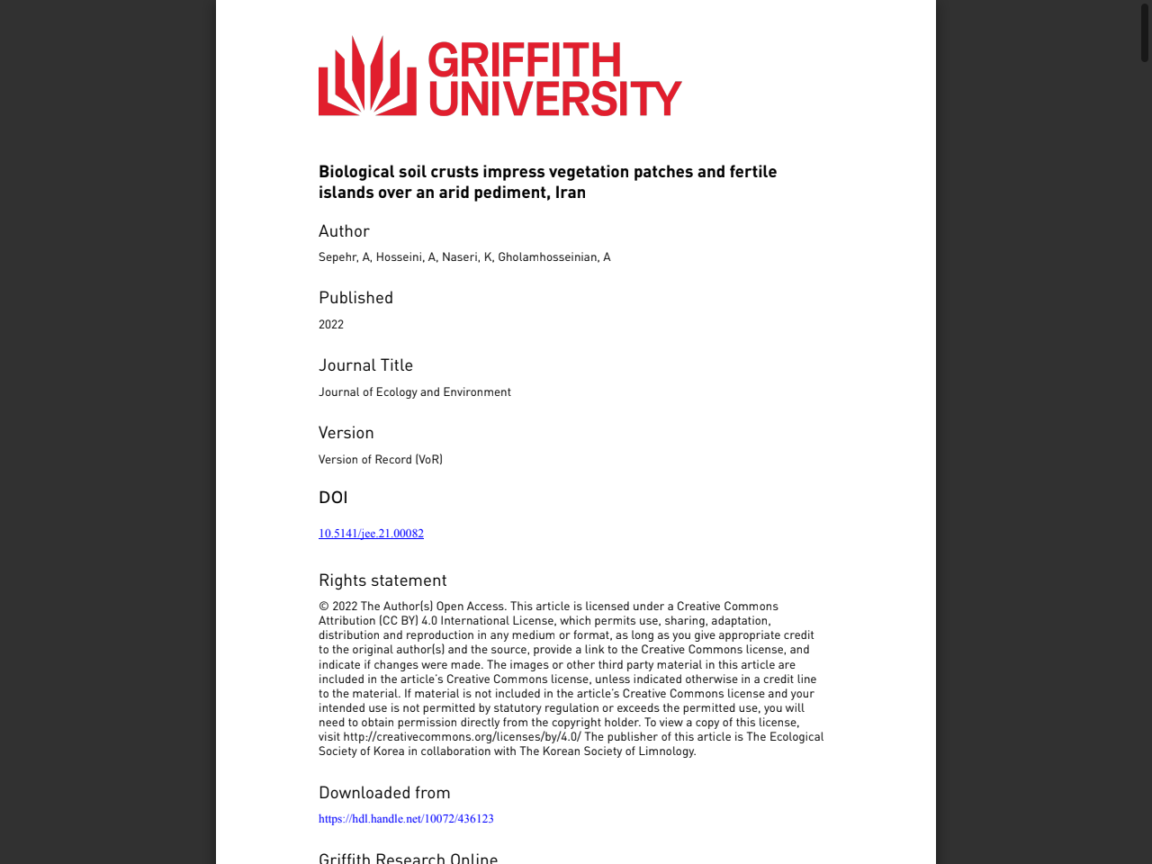 Preview of Biological soil crusts impress vegetation patches and fertile islands over an arid pediment, Iran Author Published Journal Title - Griffith Research Online