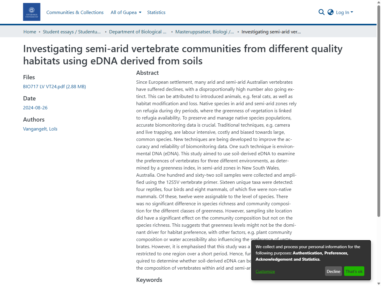 Preview of Investigating semi-arid vertebrate communities from different quality habitats using eDNA derived from soils - GUPEA, accessed July 22, 2025, 