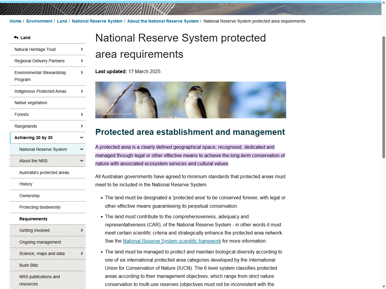 Preview of National Reserve System protected area requirements - DCCEEW