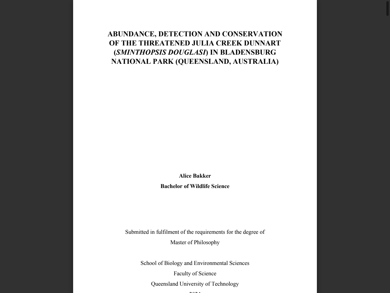 Preview of ABUNDANCE, DETECTION AND CONSERVATION OF THE THREATENED JULIA CREEK DUNNART (SMINTHOPSIS DOUGLASI) IN BLADENSBURG NATIONAL PARK - QUT ePrints