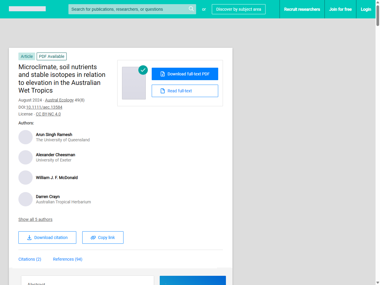 Preview of Vegetation and floristics of a lowland tropical rainforest in northeast Australia - Biodiversity Data Journal