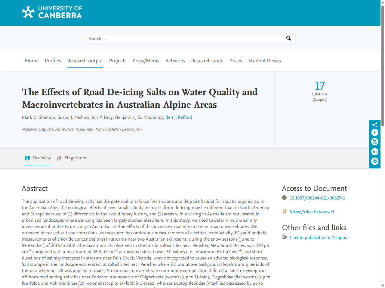 Preview of The Effects of Road De-icing Salts on Water Quality and Macroinvertebrates in Australian Alpine Areas - University of Canberra Research Portal