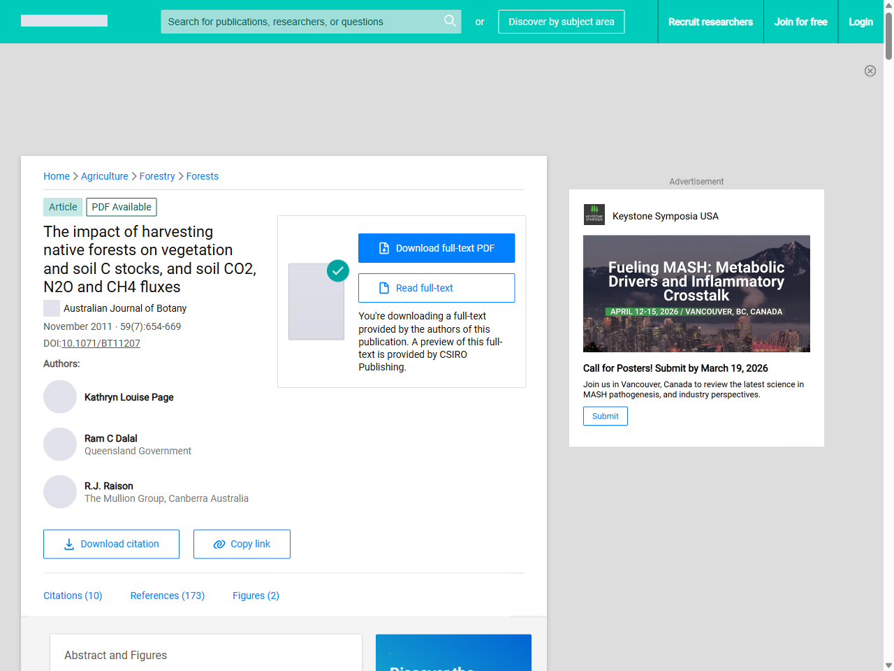 Preview of Keith, H., et al. (2009). The impact of harvesting native forests on vegetation and soil C stocks and soil CO2, N2O and CH4 fluxes. Australian Forestry, 72(4), 183-194.