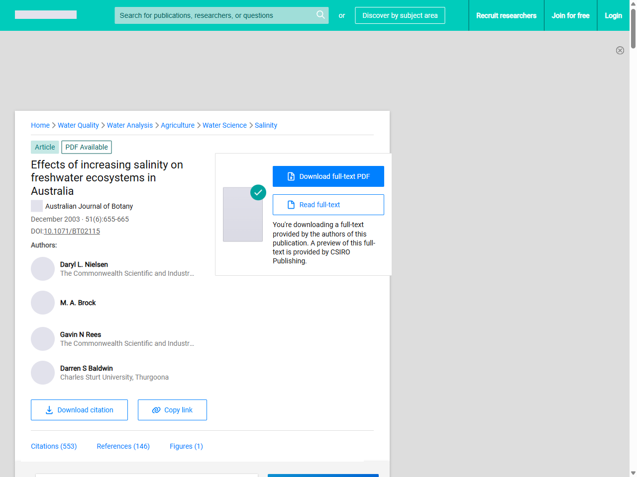 Preview of (PDF) Effects of increasing salinity on freshwater ecosystems in Australia - ResearchGate, accessed August 11, 2025,