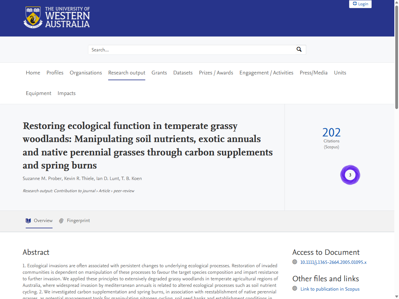 Preview of Restoring ecological function in temperate grassy woodlands: Manipulating soil nutrients, exotic annuals and native perennial grasses through carbon supplements and spring burns - the UWA Profiles and Research Repository, accessed August 11, 2025