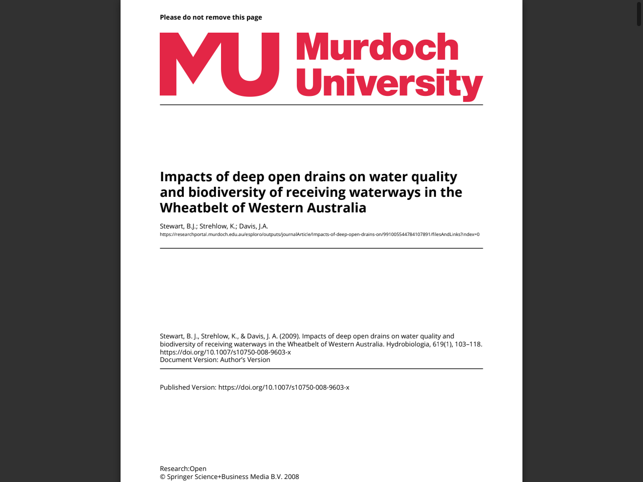 Preview of Impacts of deep open drains on water quality and biodiversity of receiving waterways in the Wheatbelt of Western Australia - Murdoch Research Portal, accessed July 9, 2025,