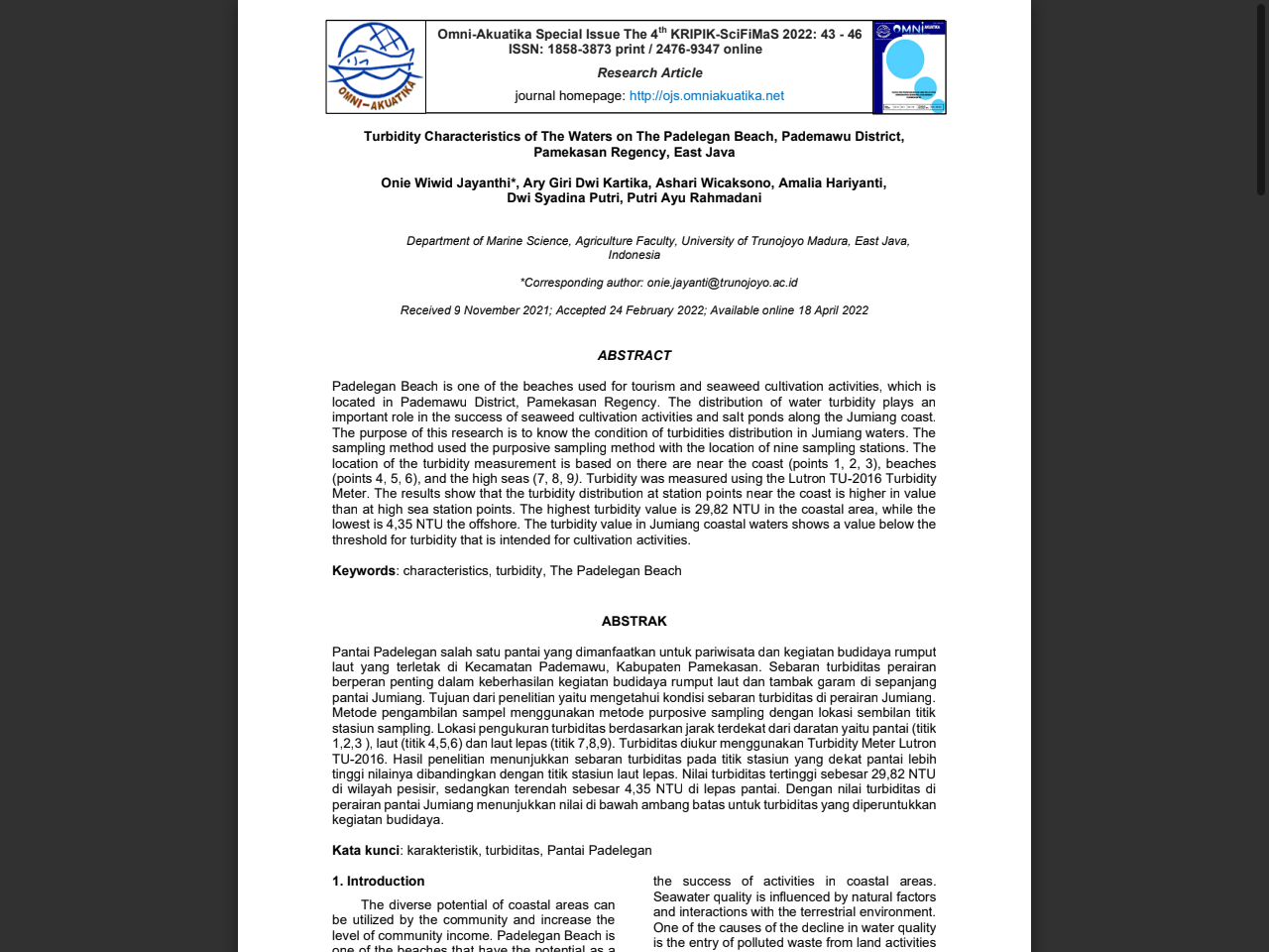 Preview of Turbidity Characteristics of The Waters on The ... - Omni-Akuatika