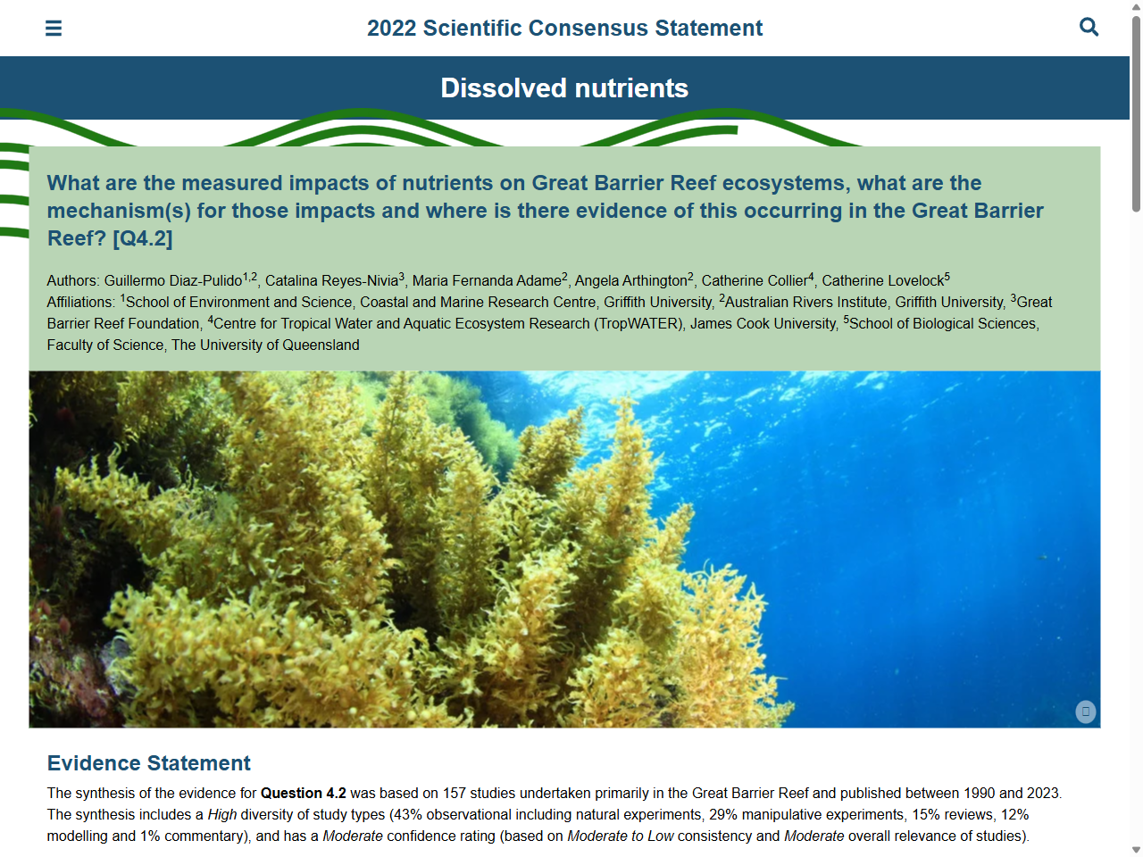 Preview of What are the measured impacts of nutrients on Great Barrier Reef ecosystems, what are the mechanism(s) for those impacts and where is there evidence of this occurring in the Great Barrier Reef? [Q4.2] - 2022 Scientific Consensus Statement, accessed August 2, 2025,