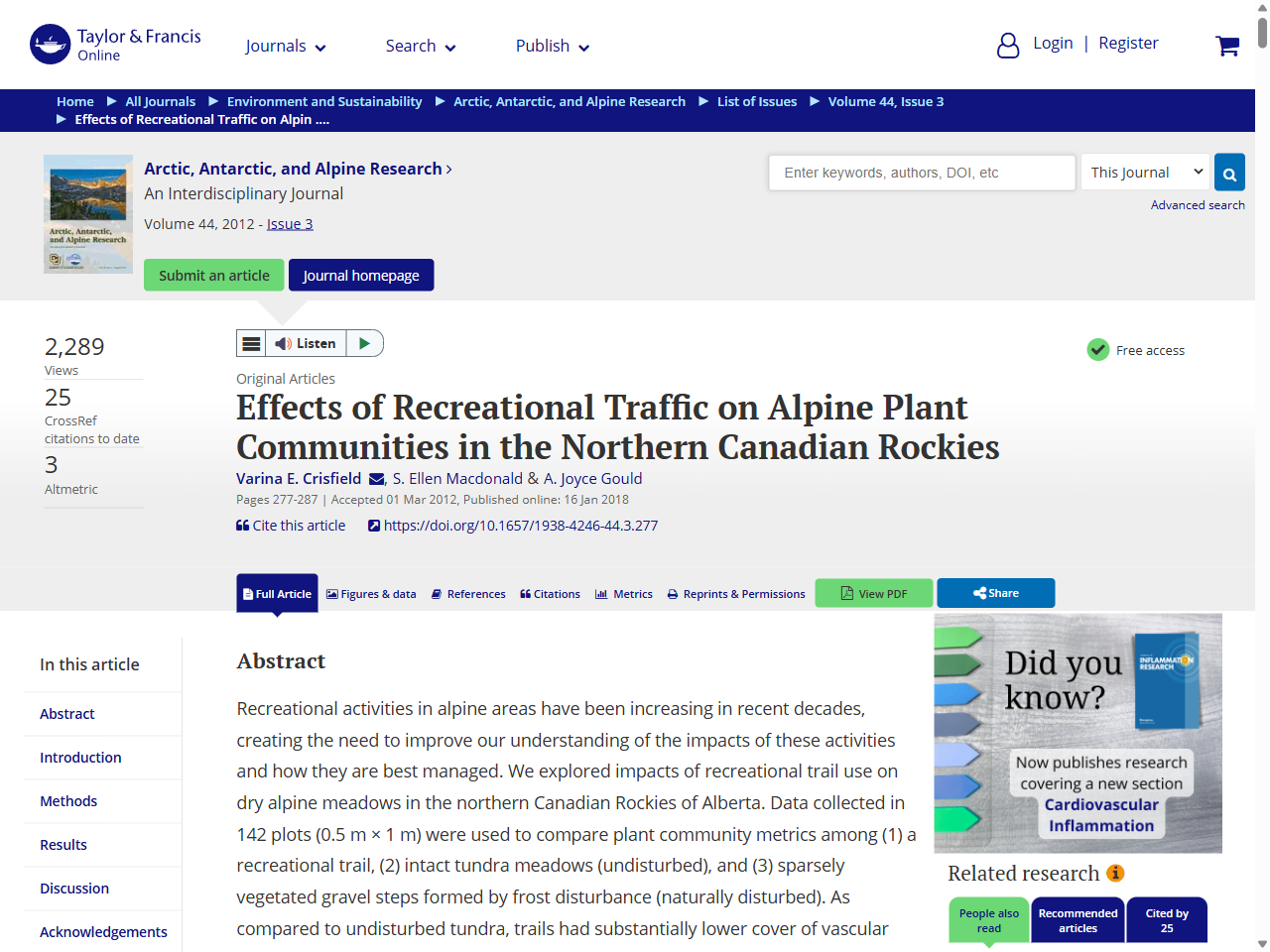 Preview of Full article: Effects of Recreational Traffic on Alpine Plant Communities in the Northern Canadian Rockies