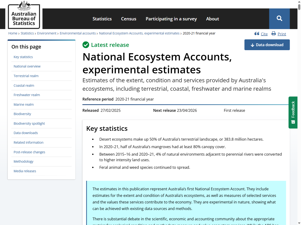 Preview of National Ecosystem Accounts, experimental estimates, 2020-21 financial year, accessed July 27, 2025, 