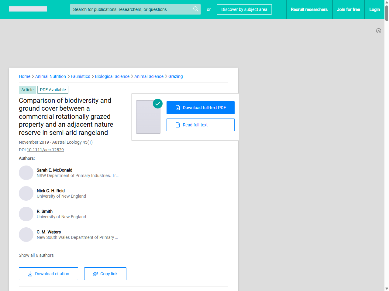 Preview of (PDF) Comparison of biodiversity and ground cover between a commercial rotationally grazed property and an adjacent nature reserve in semi‐arid rangeland - ResearchGate, accessed July 15, 2025,