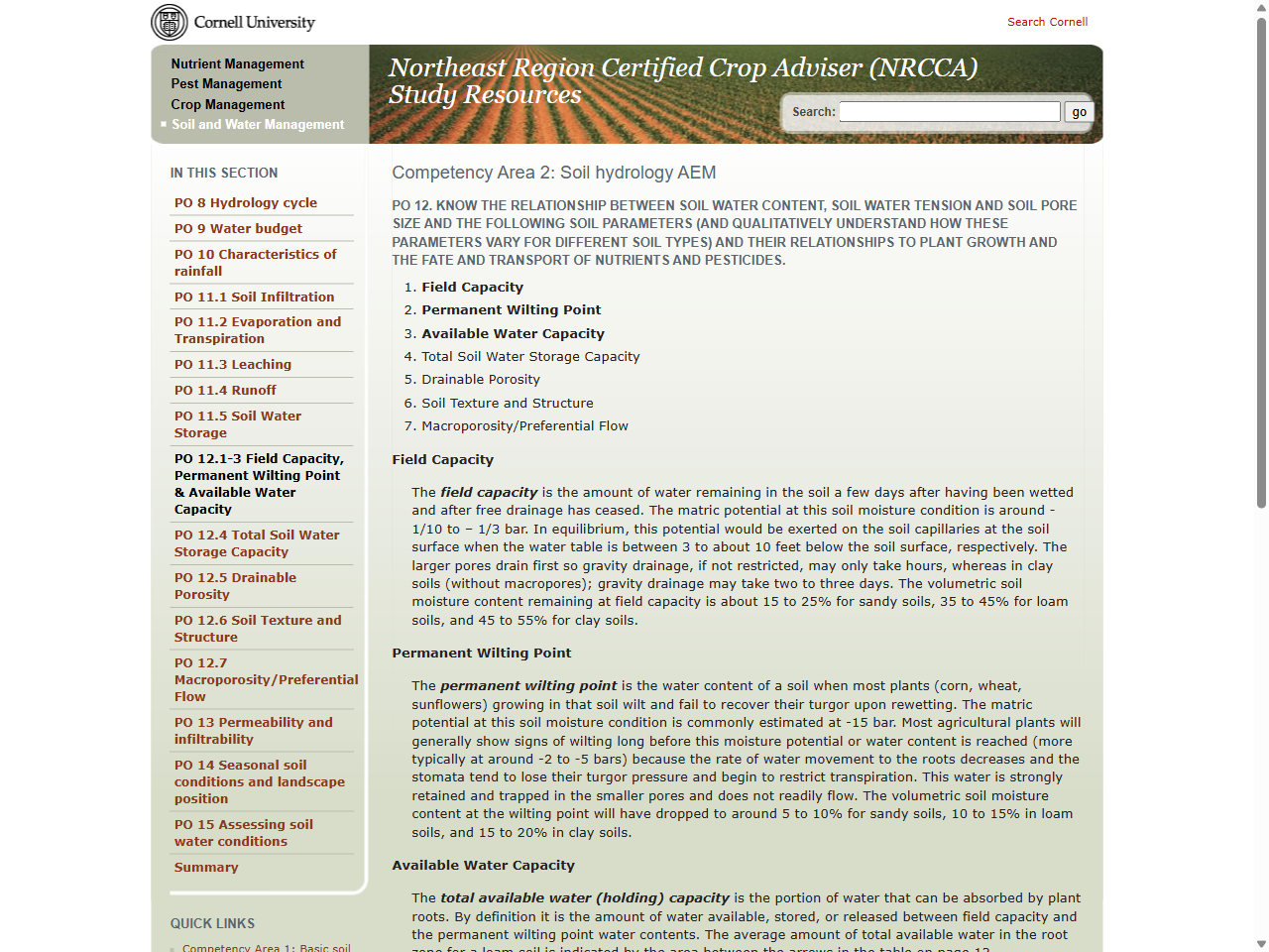 Preview of PO 12. Know the relationship between soil water content, soil water tension and soil pore size and the following soil parameters (and qualitatively understand how these parameters vary for different soil types) and their relationships to plant growth and the fate and transport of nutrients and pesticides. - Northeast Region Certified Crop Adviser (NRCCA) Study Resources, accessed July 7, 2025, 