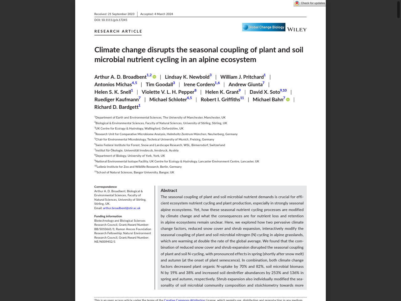 Preview of Climate change disrupts the seasonal coupling of plant and soil microbial nutrient cycling in an alpine ecosystem - NERC Open Research Archive, accessed on June 5, 2025