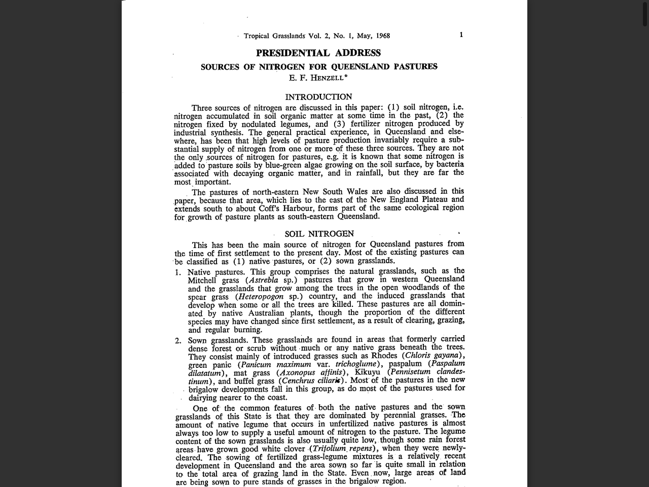 Preview of Tropical Grasslands Vol. 2, No. 1, May, 1968 - SOURCES OF NITROGEN FOR QUEENSLAND PASTURES EF HENZELL, accessed July 18, 2025, 
