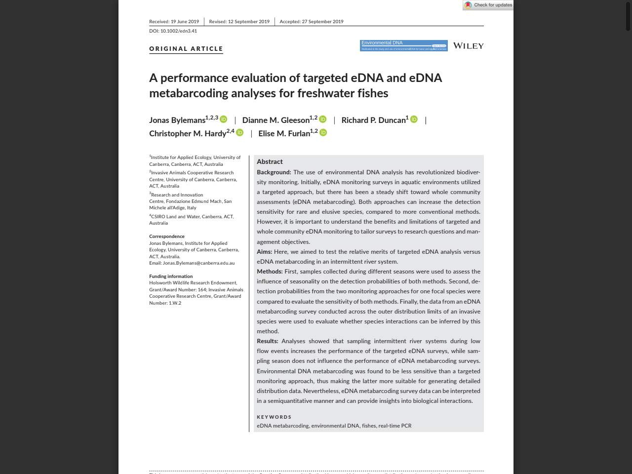 Preview of A performance evaluation of targeted eDNA and eDNA metabarcoding analyses for freshwater fishes - University of Canberra, accessed July 13, 2025,