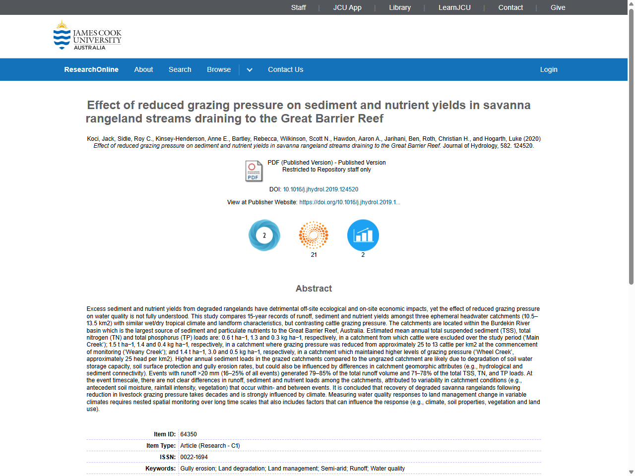Preview of Effect of reduced grazing pressure on sediment and nutrient yields in savanna rangeland streams draining to the Great Barrier Reef - ResearchOnline@JCU, accessed July 19, 2025,