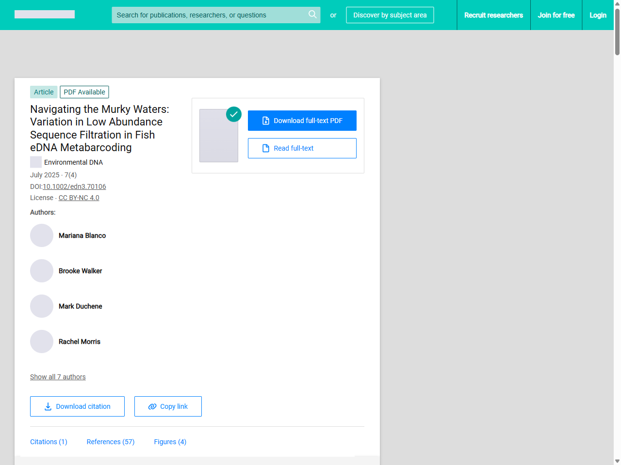 Preview of (PDF) Navigating the Murky Waters: Variation in Low Abundance Sequence Filtration in Fish eDNA Metabarcoding - ResearchGate, accessed August 4, 2025