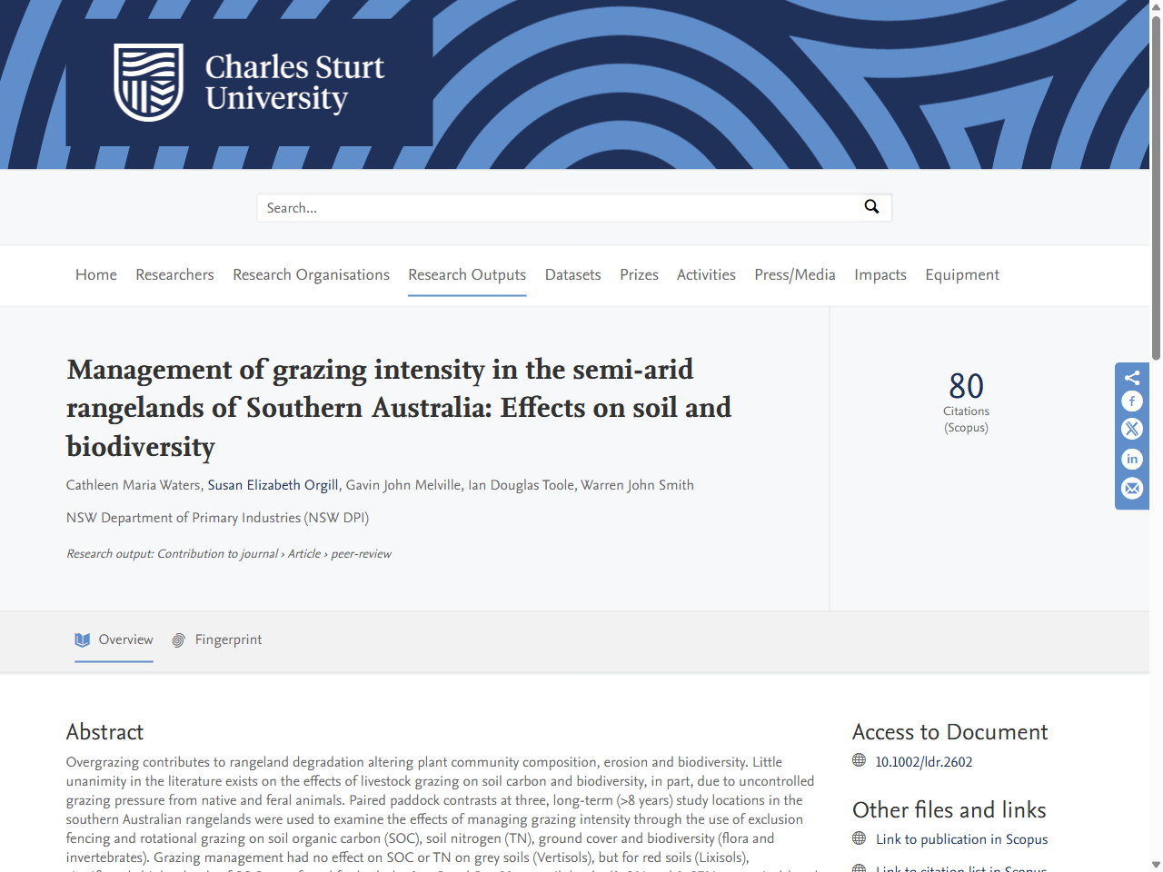Preview of Management of grazing intensity in the semi-arid rangelands of Southern Australia: Effects on soil and biodiversity - Charles Sturt University Research Output