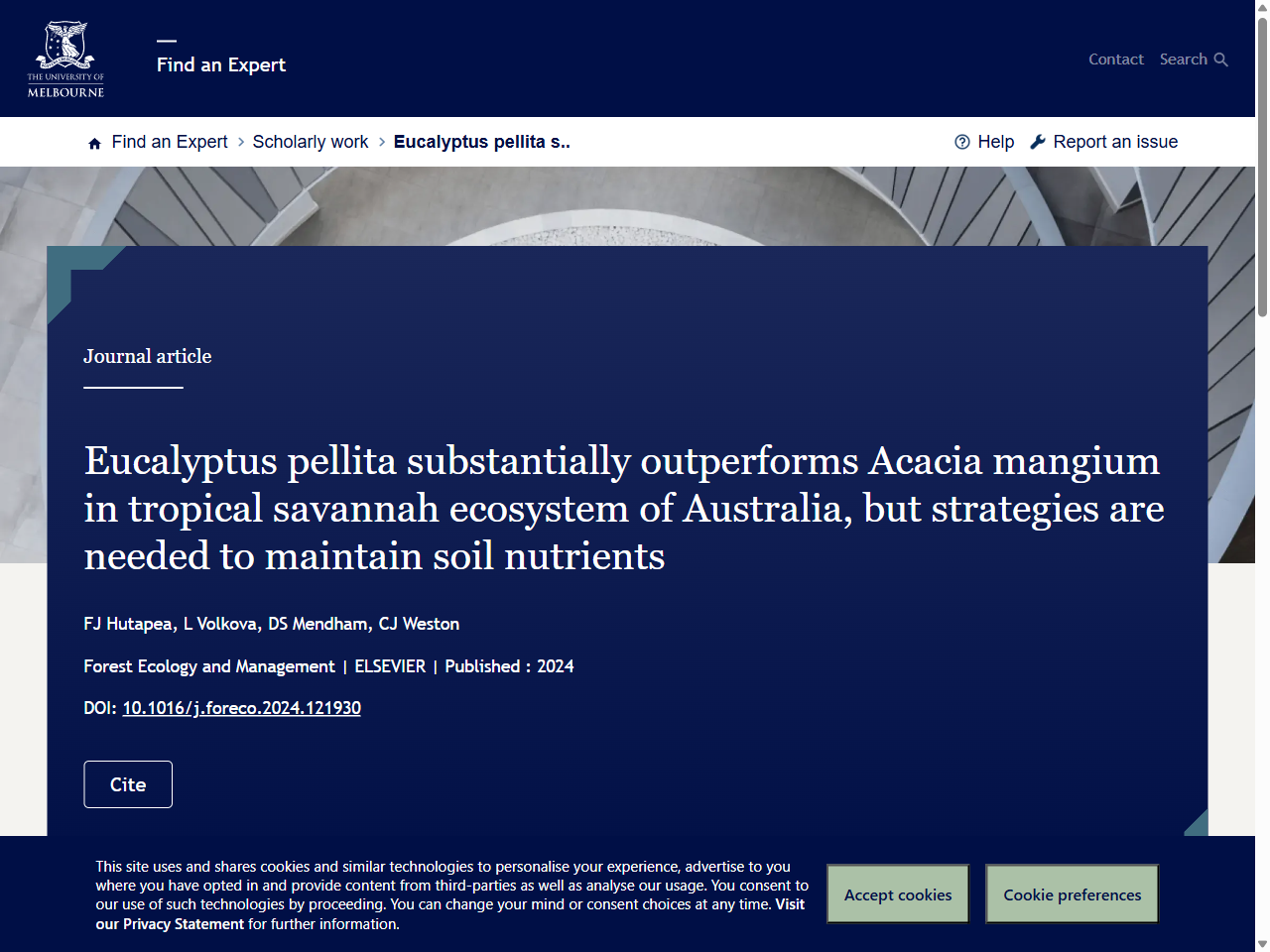 Preview of Eucalyptus pellita substantially outperforms Acacia mangium in tropical savannah ecosystem of Australia, but strategies are needed to maintain soil nutrients - Find an Expert - The University of Melbourne