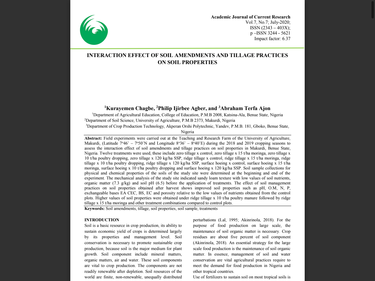Preview of Agada, M.O. et al. (2020). Effect of Tillage Methods and Soil Amendments on Soil Properties and Yield of Cucumber (Cucumis Sativus L.) in Makurdi Guinea Savanna Zone of Nigeria. Academic Journal of Current Research.