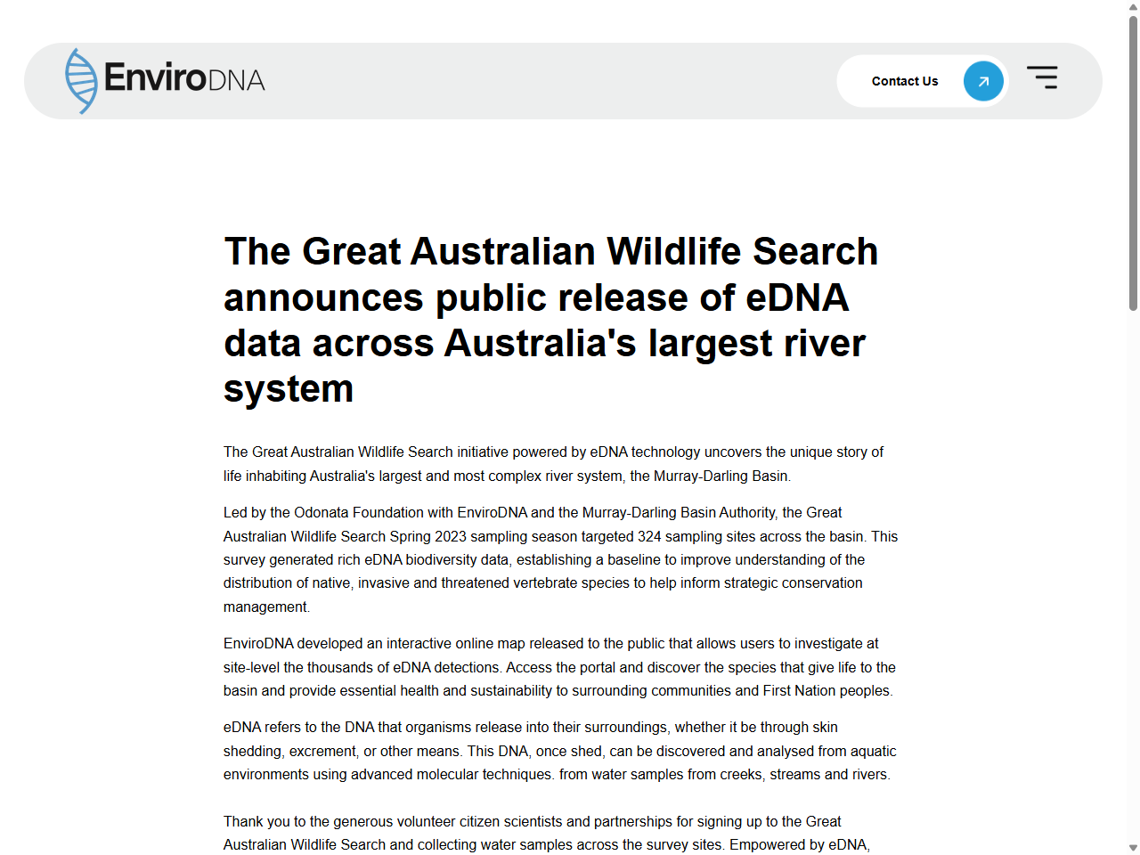 Preview of The Great Australian Wildlife Search announces public release of eDNA data across Australia's largest river system - EnviroDNA, accessed August 12, 2025