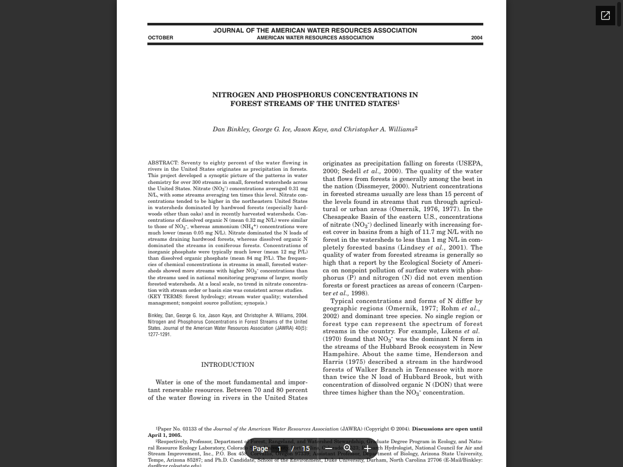 Preview of NITROGEN AND PHOSPHORUS CONCENTRATIONS IN FOREST STREAMS OF THE UNITED STATES1 - at Clark University, accessed August 5, 2025