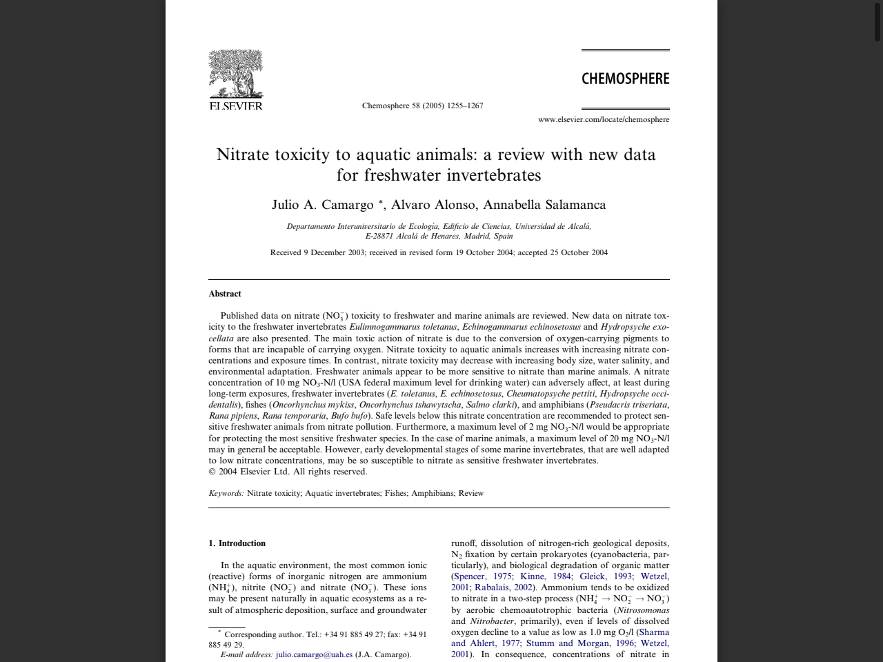 Preview of Nitrate toxicity to aquatic animals: a review with new data for freshwater invertebrates - State Water Resources Control Board, accessed August 11, 2025, 