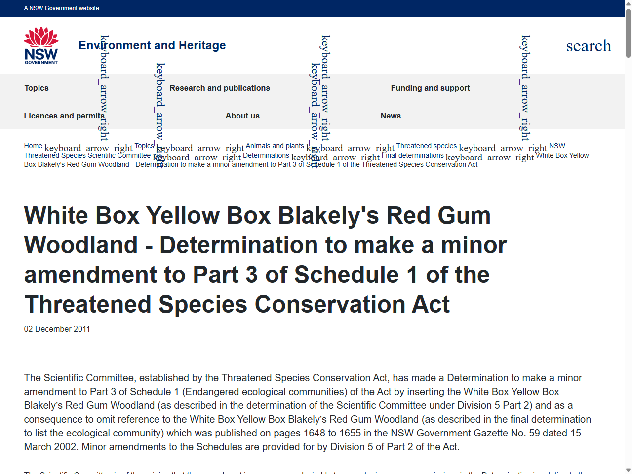 Preview of White Box Yellow Box Blakely's Red Gum Woodland - Determination to make a minor amendment to Part 3 of Schedule 1 of the Threatened Species Conservation Act - Environment and Heritage, accessed August 11, 2025,