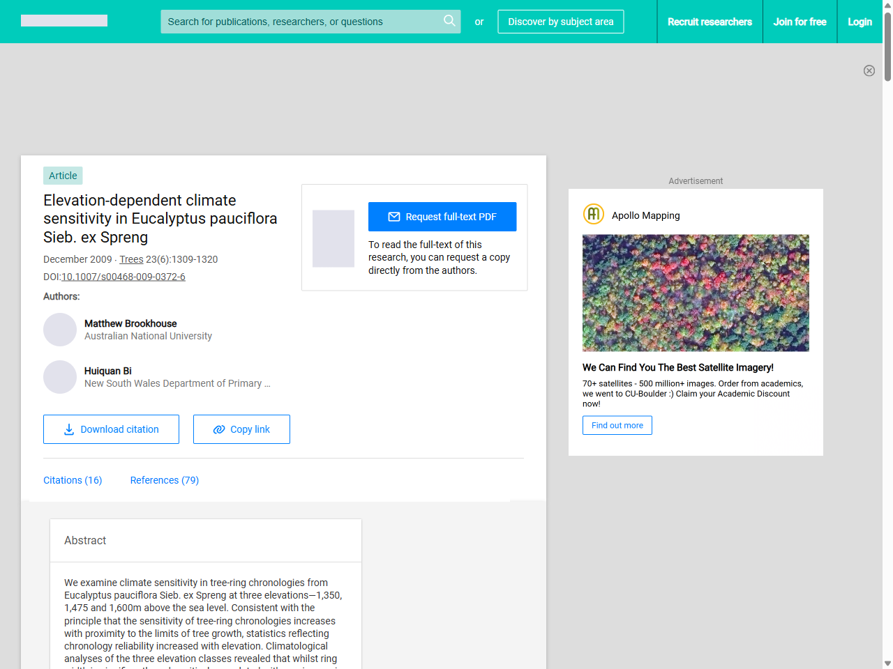 Preview of Brookhouse, M., & Bi, H. (2009). Elevation-dependent climate sensitivity in Eucalyptus pauciflora Sieb. ex Spreng. Dendrochronologia, 27(1), 29-37.