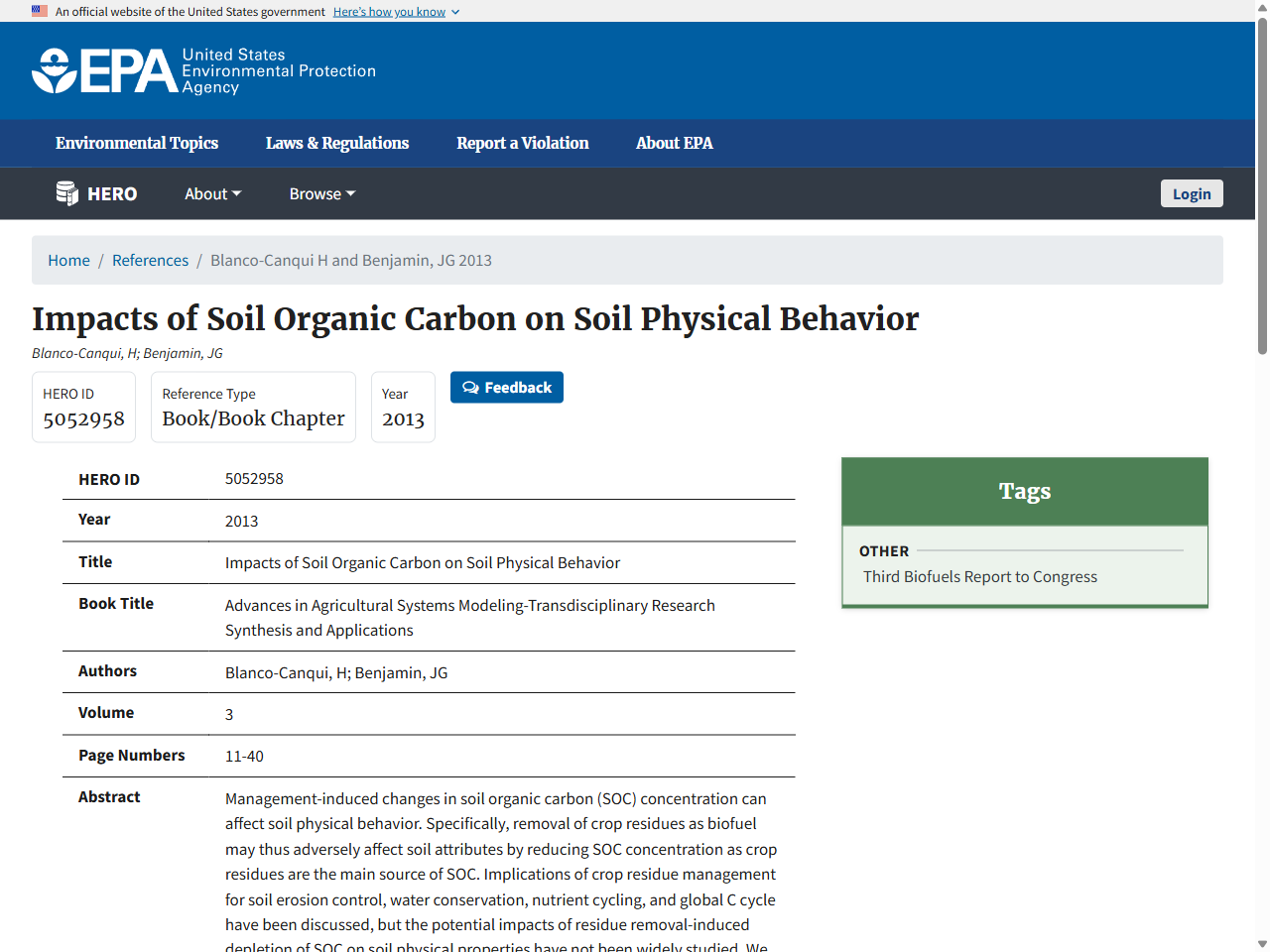 Preview of Impacts of Soil Organic Carbon on Soil Physical Behavior | Health & Environmental Research Online (HERO) | US EPA