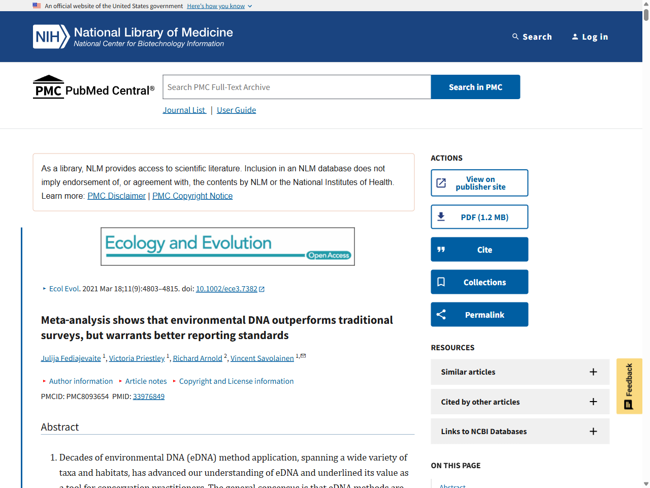Preview of Meta‐analysis shows that environmental DNA outperforms traditional surveys, but warrants better reporting standards - PubMed Central