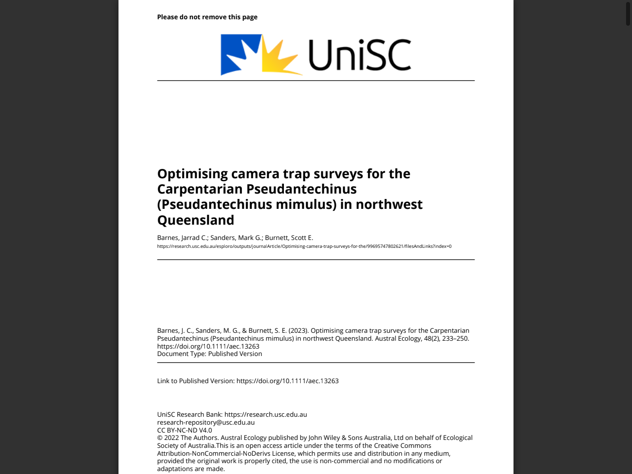 Preview of Optimising camera trap surveys for the Carpentarian antechinus (Pseudantechinus mimulus)