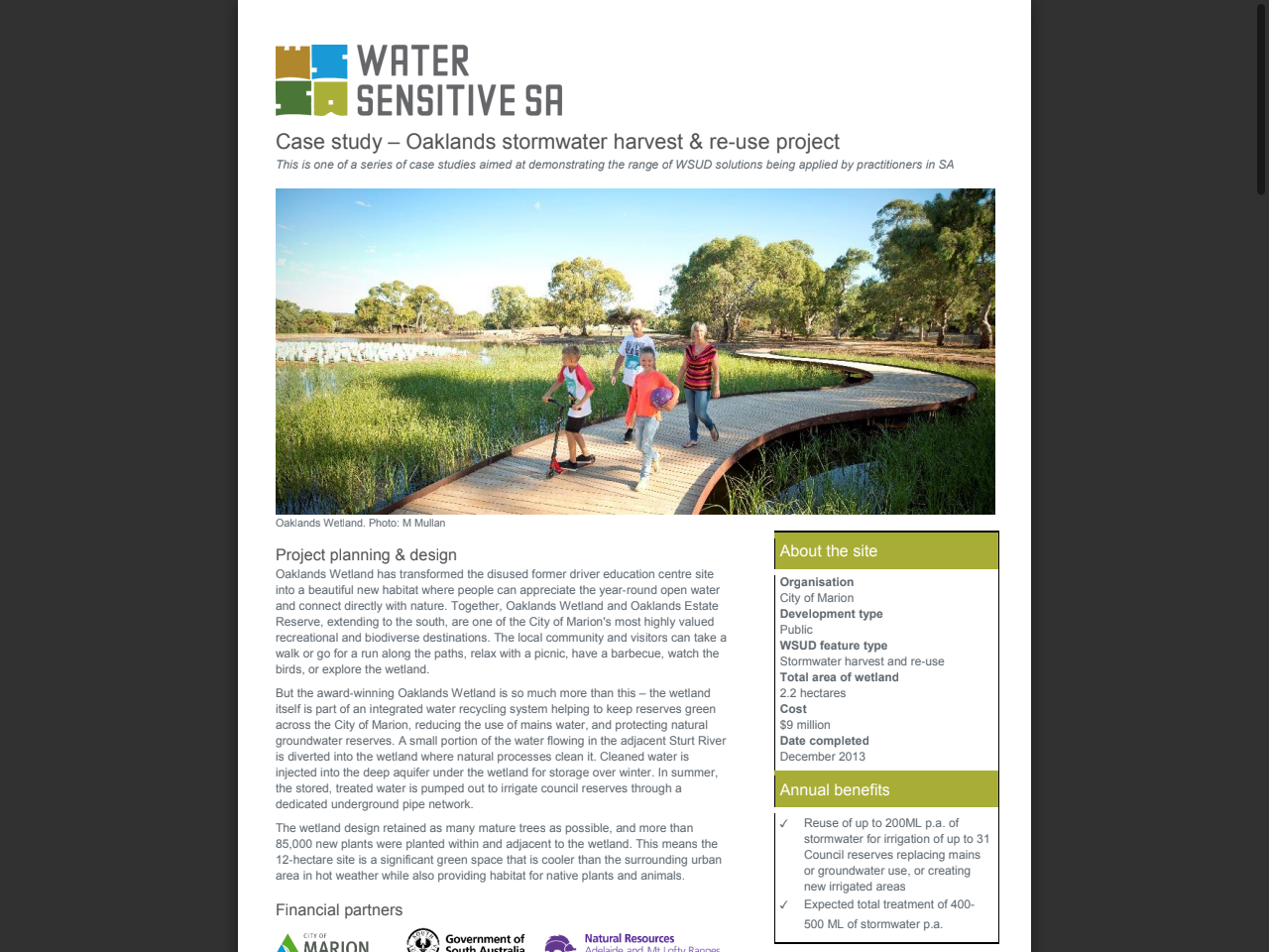 Preview of Case study – Oaklands stormwater harvest & re-use project - Water Sensitive SA, accessed July 21, 2025