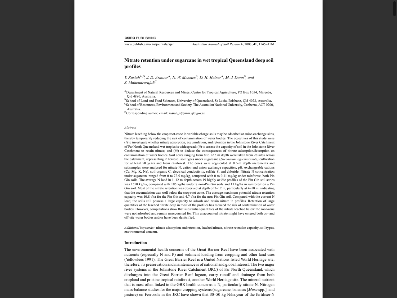 Preview of Nitrate retention under sugarcane in wet tropical Queensland deep soil profiles, accessed July 19, 2025,
