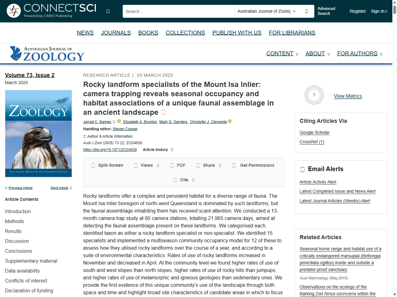 Preview of Rocky landform specialists of the Mount Isa Inlier: camera trapping reveals seasonal occupancy and habitat associations of a unique faunal assemblage in an ancient landscape