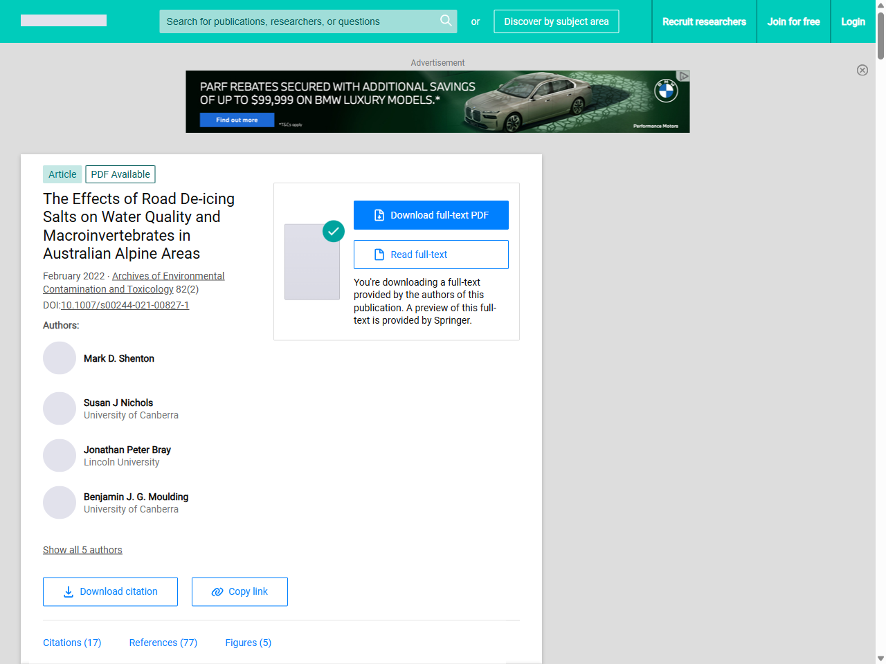 Preview of (PDF) The Effects of Road De-icing Salts on Water Quality and Macroinvertebrates in Australian Alpine Areas - ResearchGate, accessed August 17, 2025,