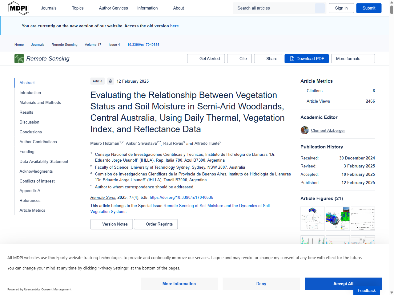 Preview of Evaluating the Relationship Between Vegetation Status and Soil Moisture in Semi-Arid Woodlands, Central Australia, Using Daily Thermal, Vegetation Index, and Reflectance Data - MDPI, accessed July 15, 2025