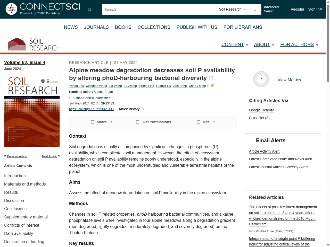 Preview of Alpine meadow degradation decreases soil P availability by altering phoD-harbouring bacterial diversity - CSIRO Publishing