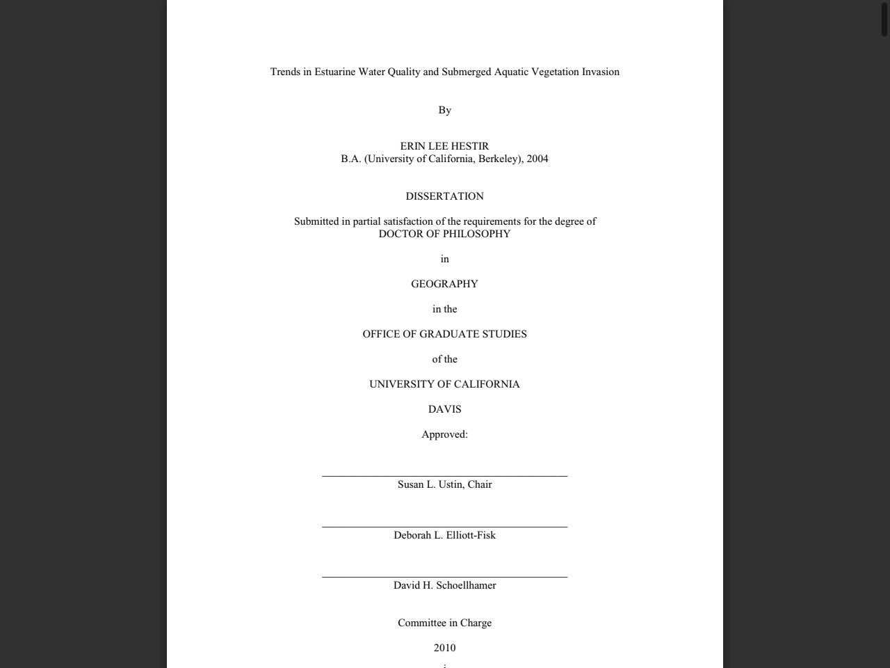 Preview of -i- Trends in Estuarine Water Quality and Submerged Aquatic Vegetation Invasion By ERIN LEE HESTIR B.A. (University of Californ, accessed May 10, 2025, 