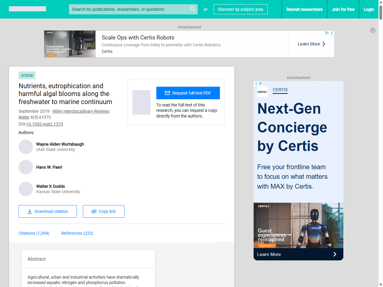Preview of Nutrients, eutrophication and harmful algal blooms along the freshwater to marine continuum | Request PDF - ResearchGate, accessed August 17, 2025, 