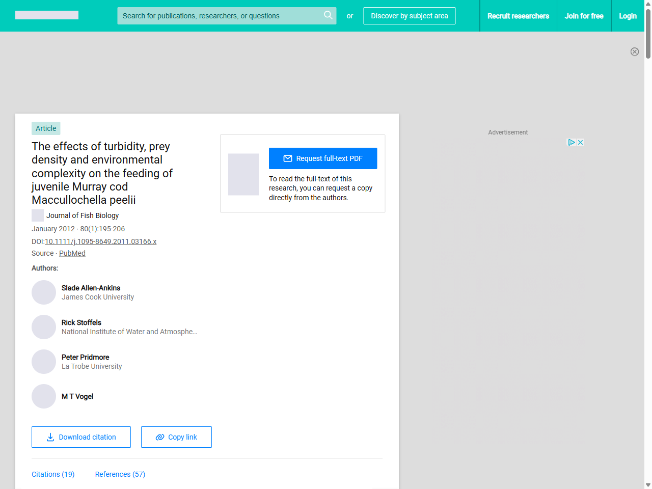 Preview of The effects of turbidity, prey density and environmental complexity on the feeding of juvenile Murray cod Maccullochella peelii | Request PDF - ResearchGate, accessed July 16, 2025,