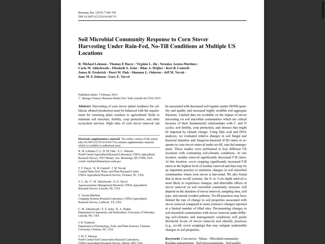 Preview of Soil Microbial Community Response to Corn Stover Harvesting Under Rain-Fed, No-Till Conditions at Multiple US Locations - USDA ARS