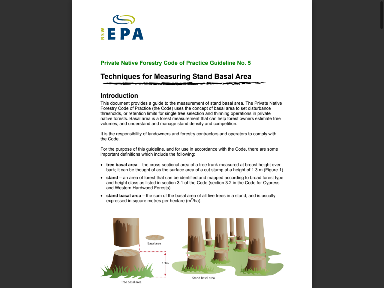 Preview of NSW Environment Protection Authority. (n.d.). Techniques for Measuring Stand Basal Area. Private Native Forestry Code of Practice Guideline No. 5.