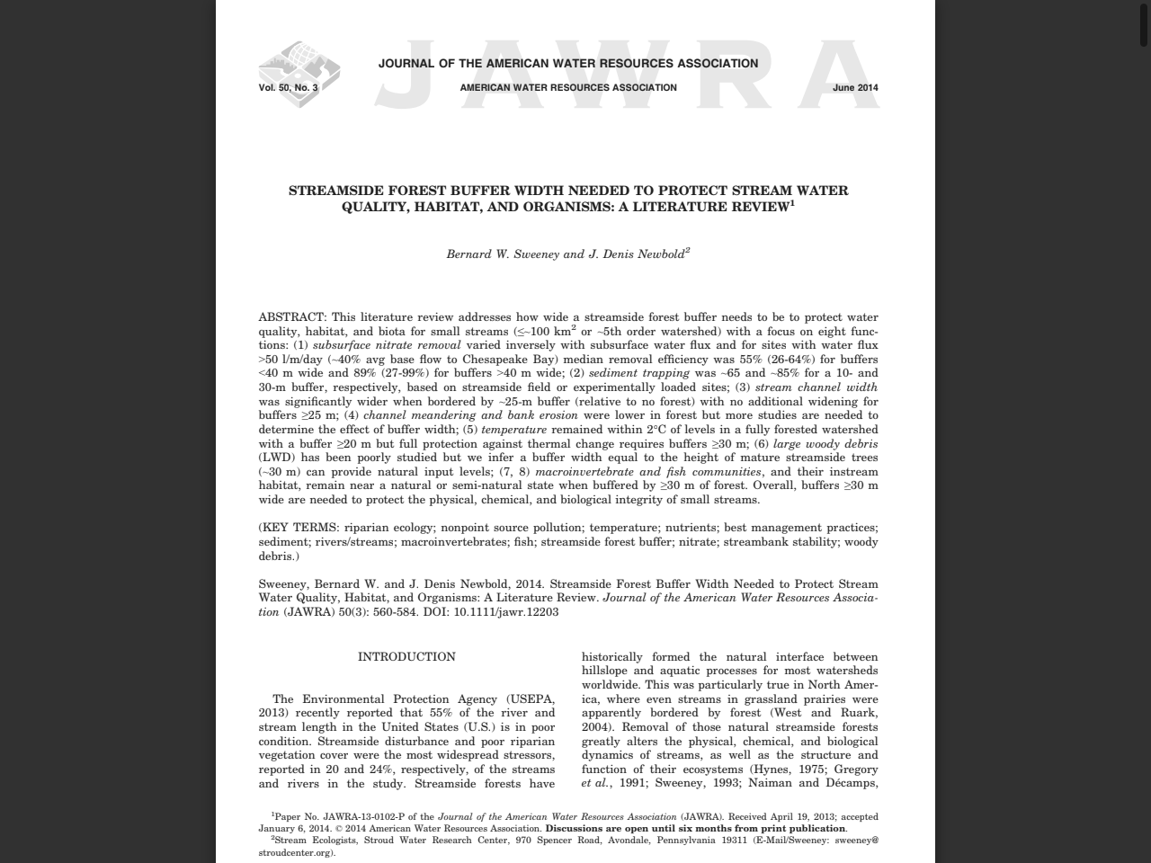 Preview of Streamside Forest Buffer Width Needed to Protect Stream Water Quality, Habitat, and Organisms