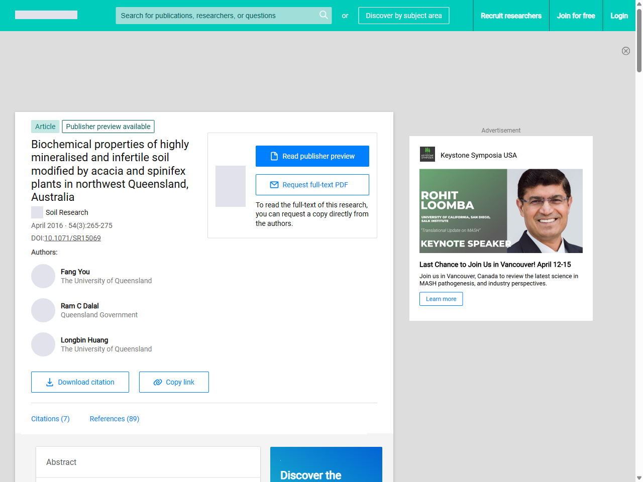 Preview of Biochemical properties of highly mineralised and infertile soil modified by acacia and spinifex plants in northwest Queensland, Australia | Request PDF - ResearchGate