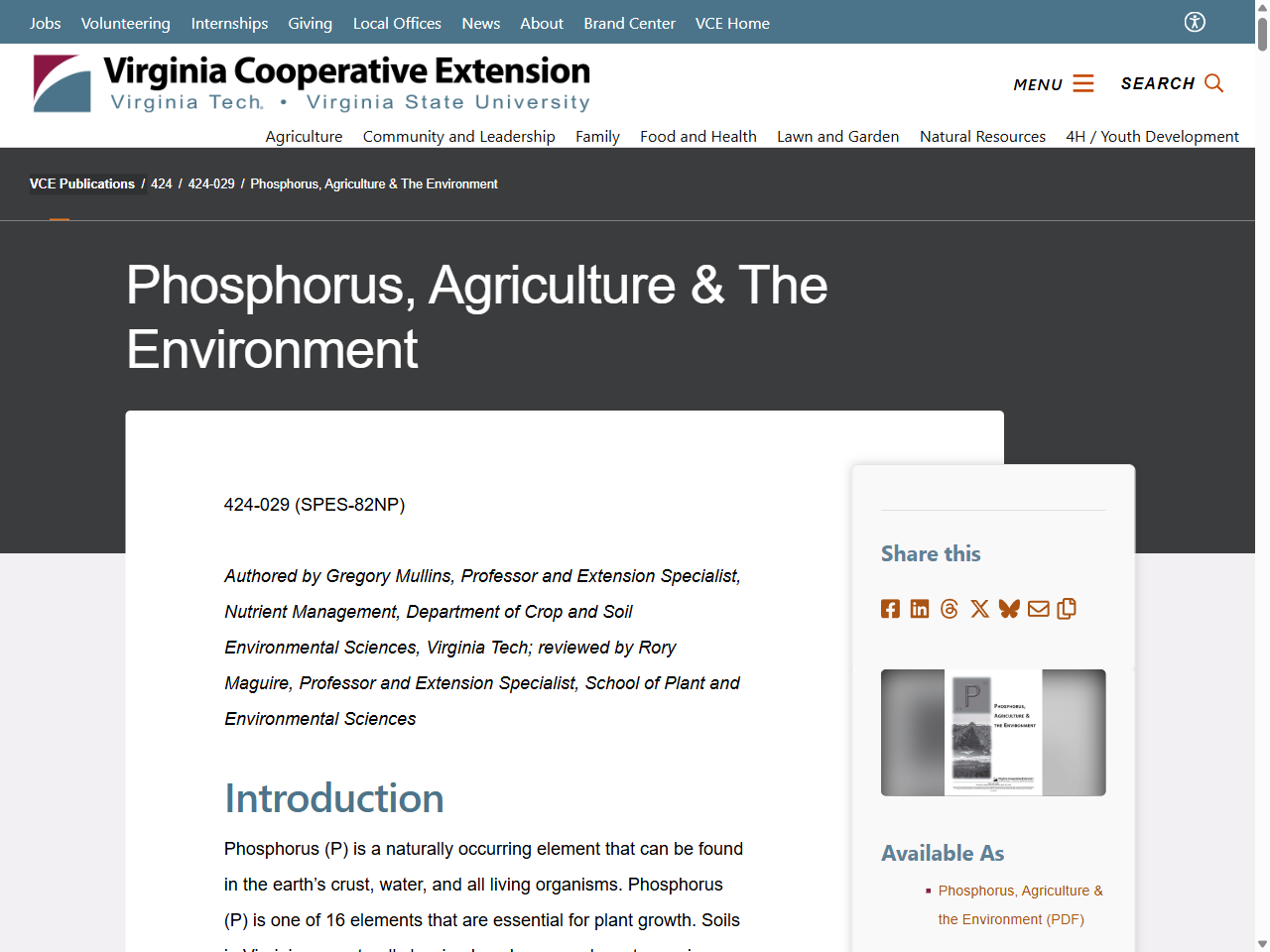 Preview of Phosphorus, Agriculture & The Environment | VCE Publications | Virginia Tech, accessed August 4, 2025