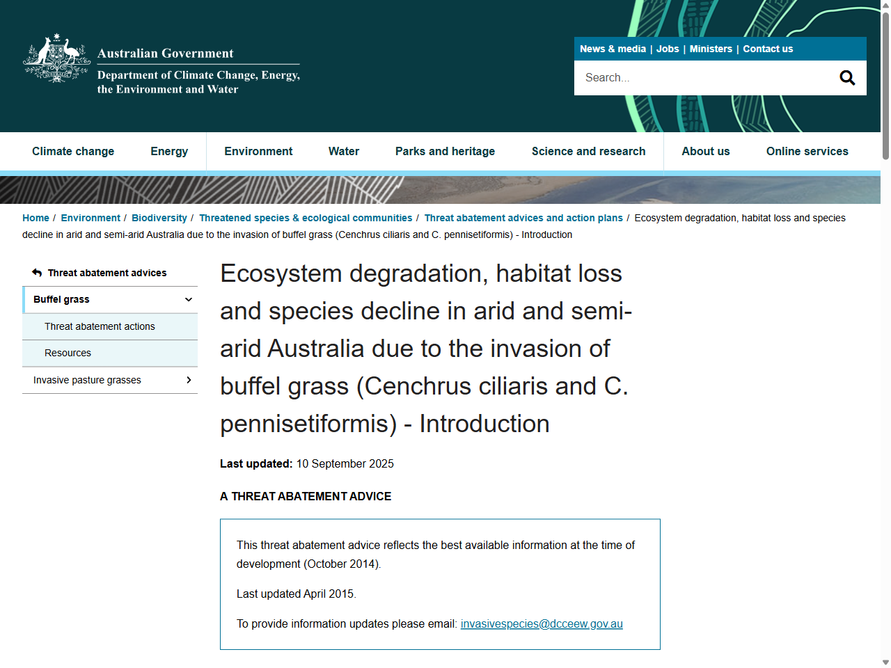 Preview of Ecosystem degradation, habitat loss and species decline in arid and semi-arid Australia due to the invasion of buffel grass (Cenchrus ciliaris and C. pennisetiformis) - Introduction - DCCEEW