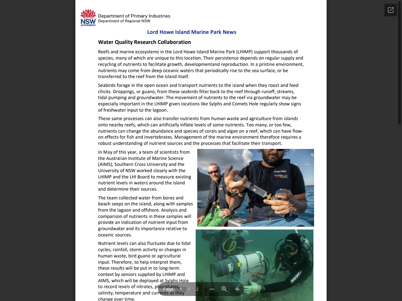Preview of Lord Howe Island Marine Park News Water Quality Research Collaboration, accessed August 3, 2025, 