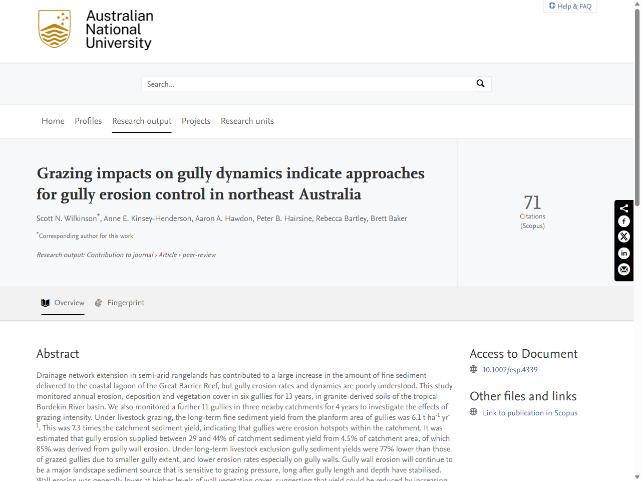 Preview of Grazing impacts on gully dynamics indicate approaches for gully erosion control in northeast Australia - ANU Researcher Portal, accessed August 10, 2025,